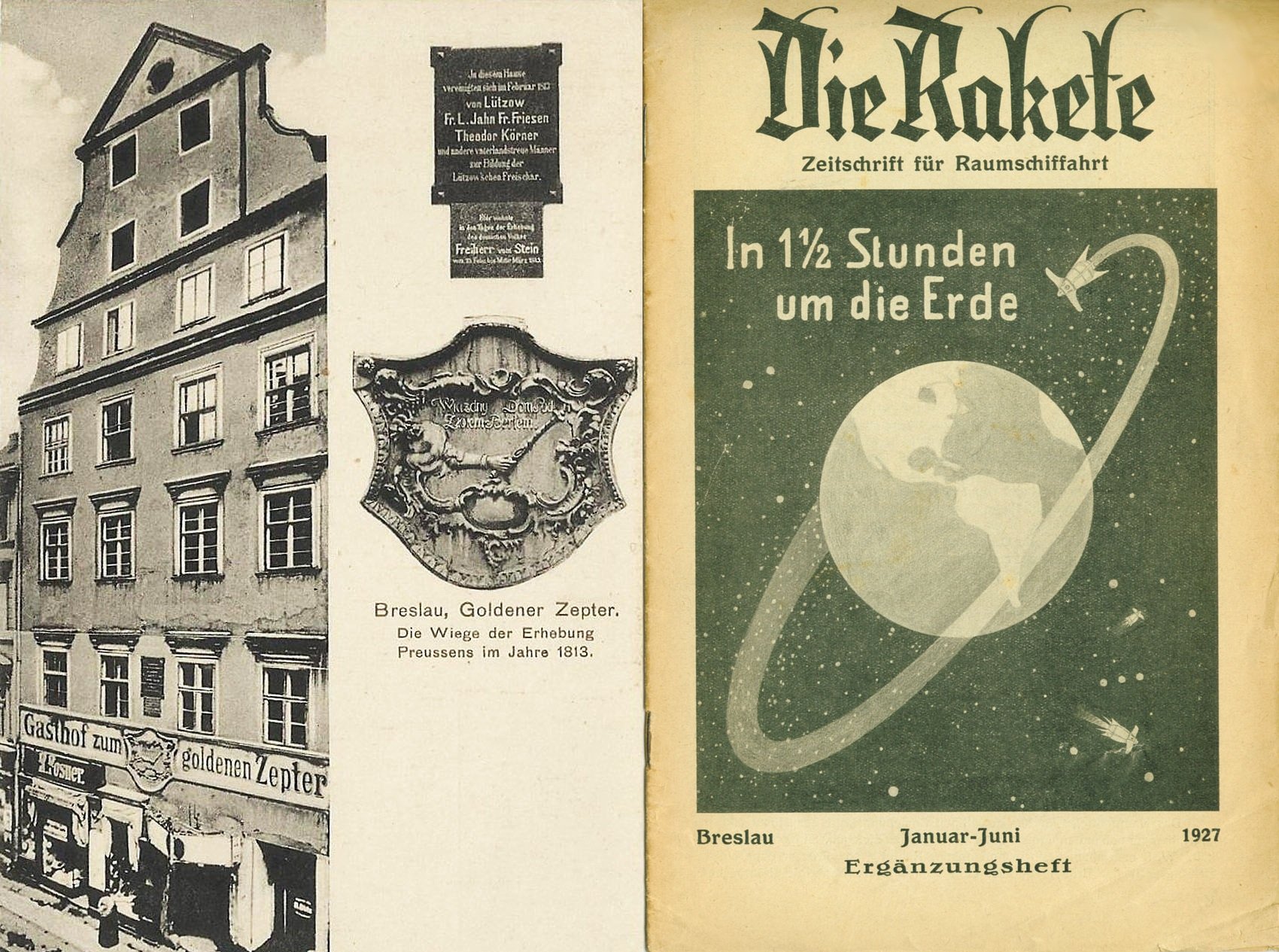 Historyczna gospoda 'Zum goldenen Zepter' oraz okładka czasopisma 'Die Rakete' z 1927 roku
